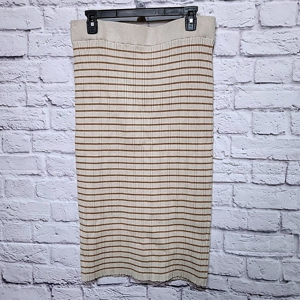 Marled Striped‎ Ribbed Knit Midi Skirt Oatmeal Praline XL 00585S-TJMS New